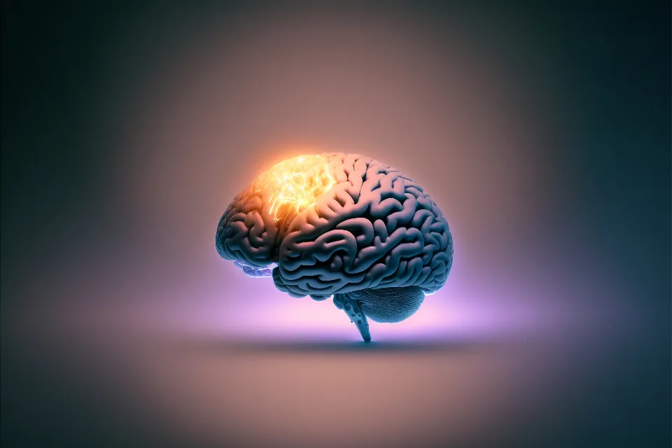 Digital illustration of a human brain glowing orange against a dark background