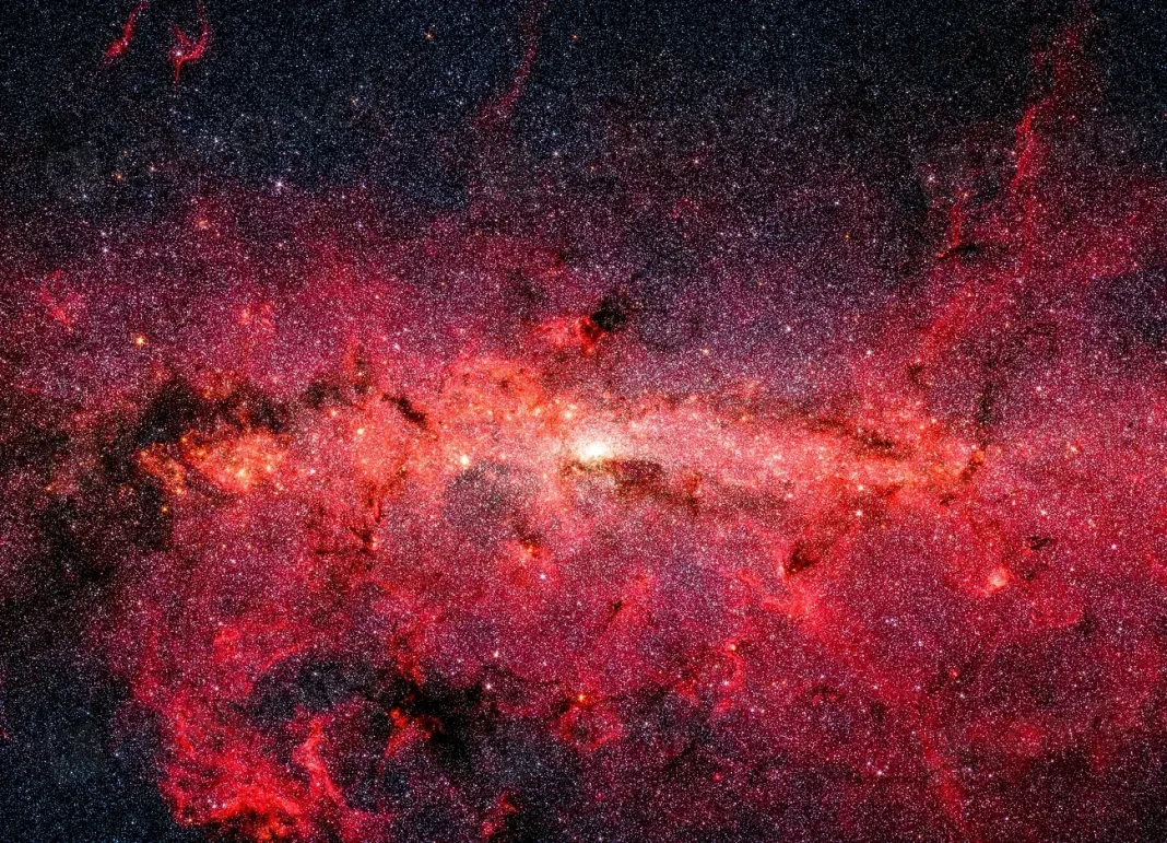 Infrared view of dense star fields and glowing red dust toward the center of the Milky Way