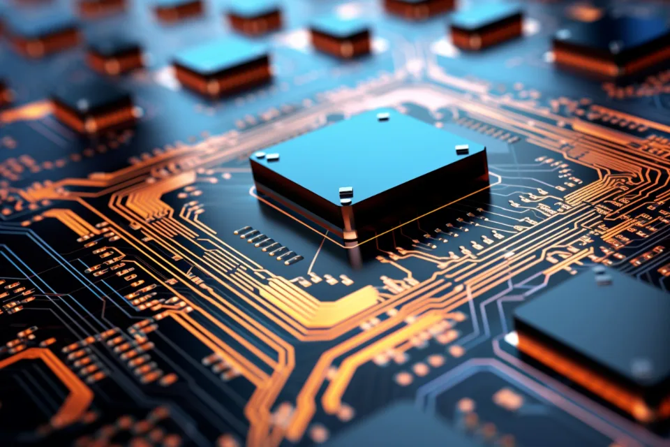Close-up of a computer chip on a circuit board with copper traces