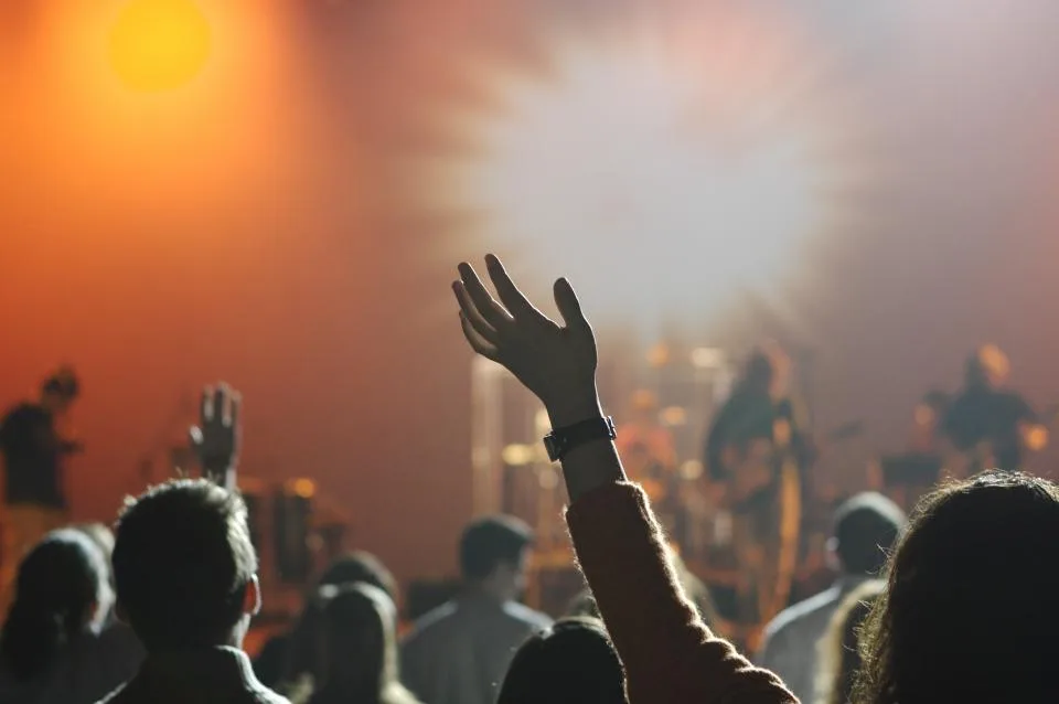 Silhouetted concert crowd with a raised hand in front of a lit stage
