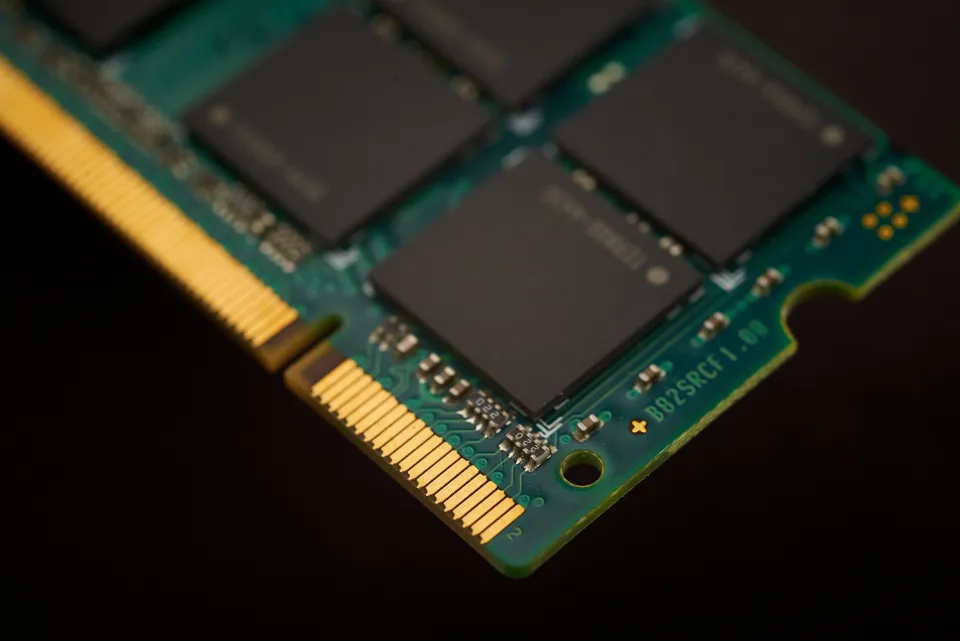 Close-up of memory chips on a computer circuit board