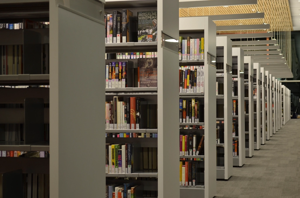 Long rows of library bookshelves stretching into the distance