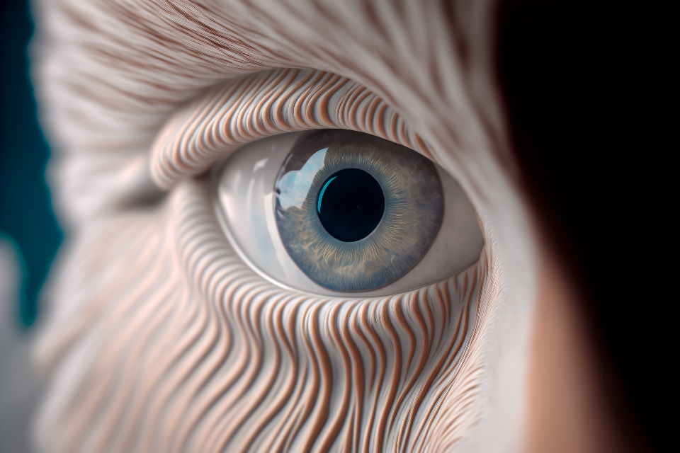 Close-up of an unnaturally textured, digitally rendered eye